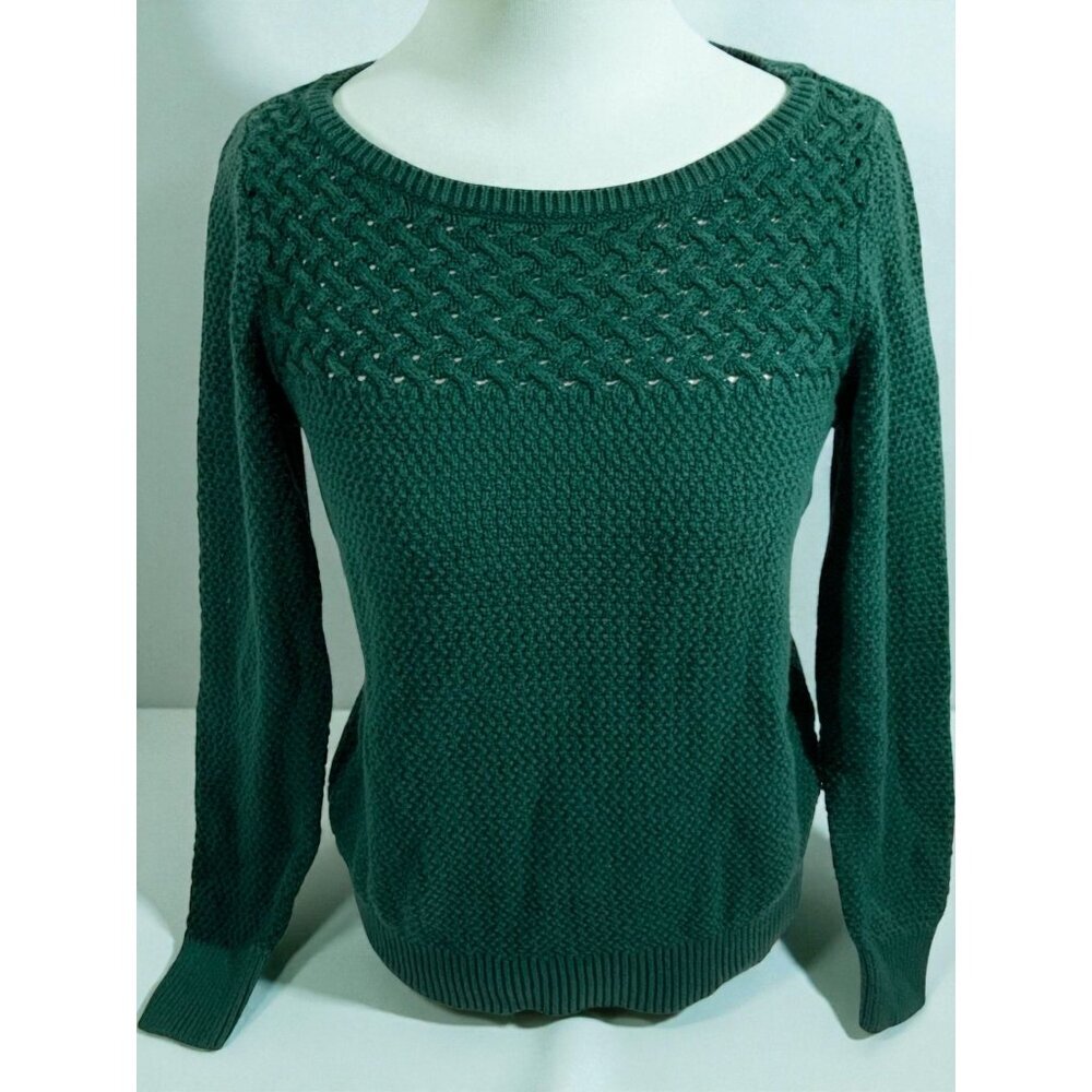 Ann Taylor Loft Textured Knit Sweater Green Scoop Neck Long Sleeve Size Small